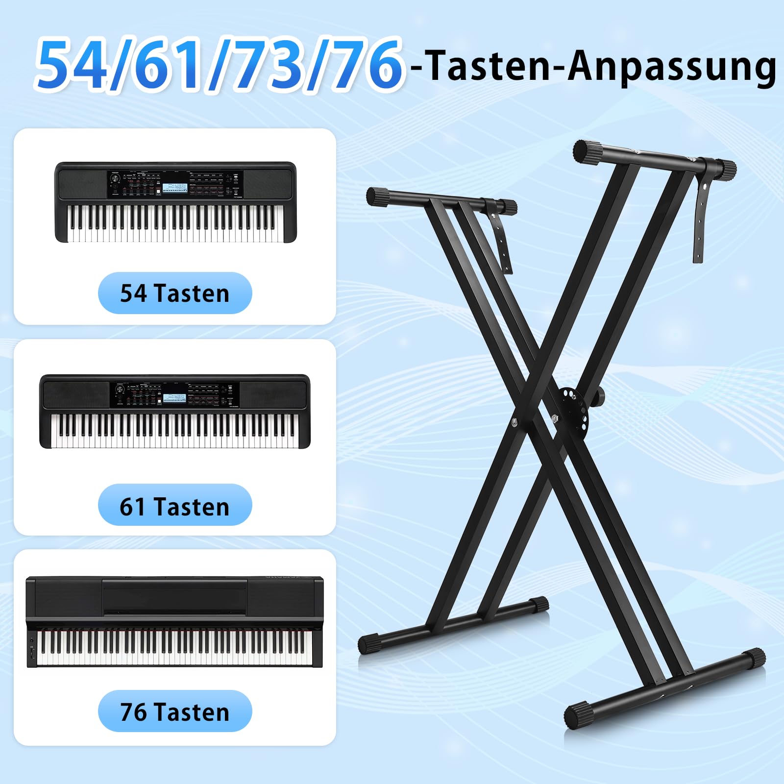 Soporte doble para teclado con pestañas de seguridad, altura regulable en 7 niveles de 25 – 93 cm, forma de X, plegable y desmontable, puede contener piano eléctrico de 54/76 teclas, piano infantil