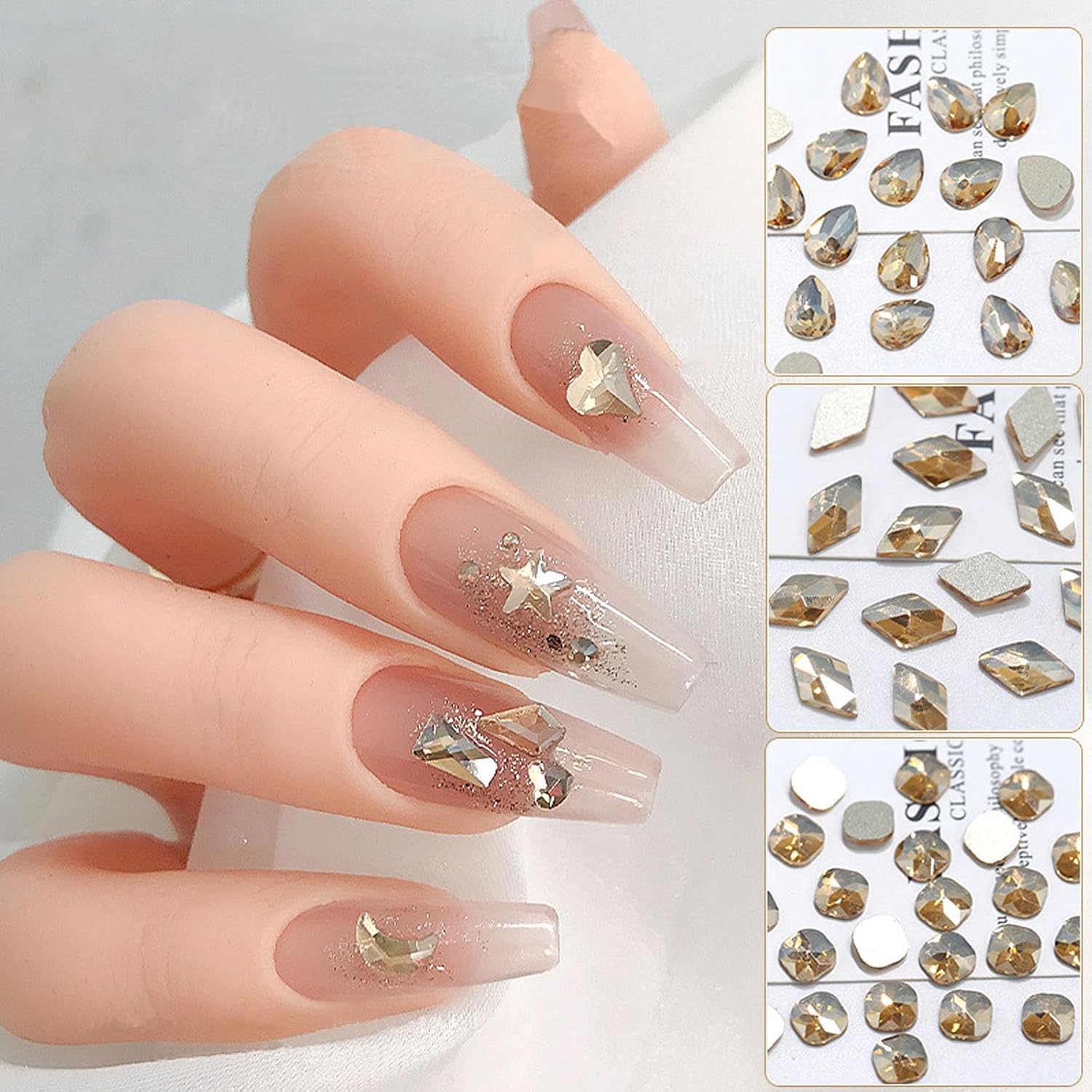 Champagne Nail Rhinestones Kit, 18 Types of 900 Special-Shaped Nail Diamonds + 3200 Flat-Bottomed Nail Rhinestones, 3D Nail Crystals DIY Crafts Gemstones for Nail