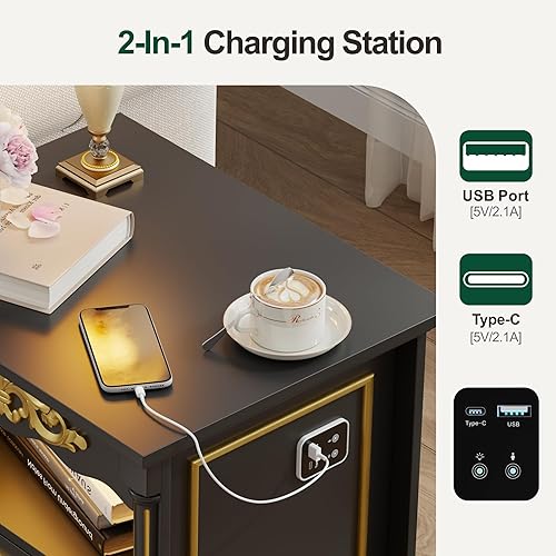 Miniatura 5 de Gurexl Mesita de noche de granja con cajón para armas, mesita de noche vintage de 20 pulgadas con luces LED y estación de carga, mesa auxiliar alta