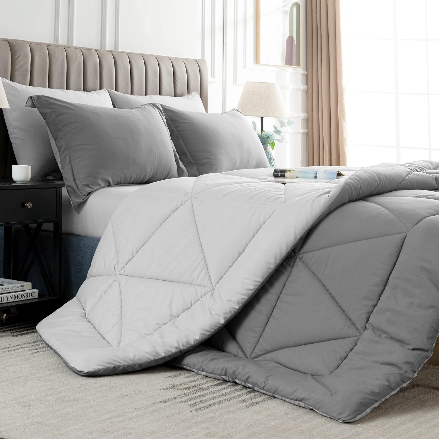 BEDELITE Queen Comforter Set 7 Pieces Bed in A Bag - Soft Microfiber Reversible Grey Bed Set with Comforters, Sheets, Pillowcases & Shams, Cozy Luxury Bedding Sets for All Season