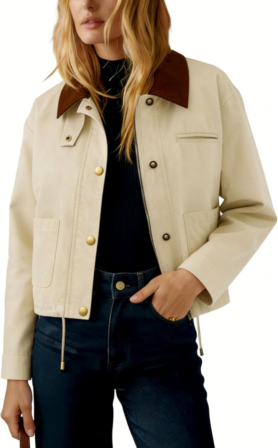 Womens Cropped Zipper Jackets Contrast Collar Casual Button Varsity Shackets Outwear with Pockets