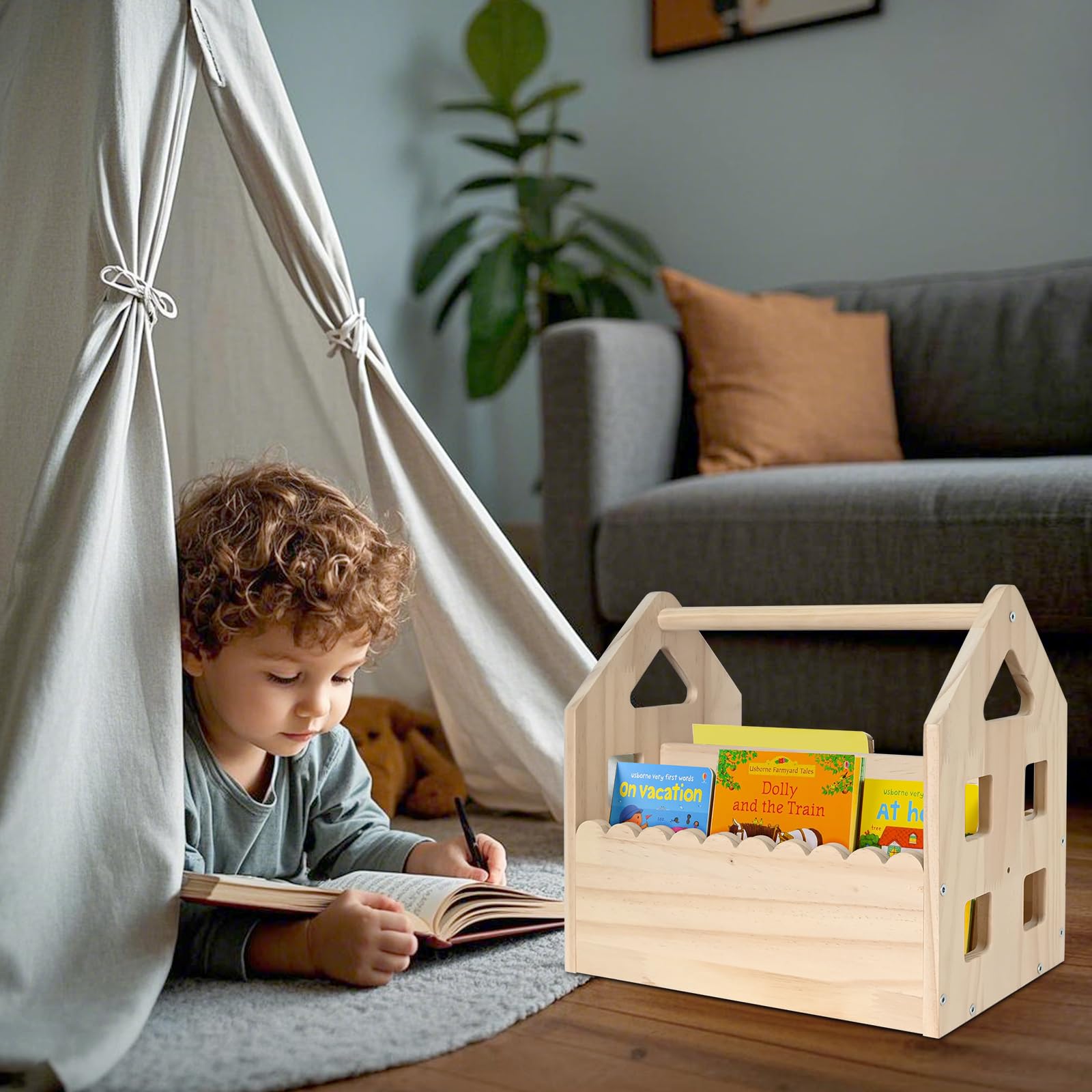 Estantería infantil de madera de pino Montessori, con asa, 2 estantes, pequeña, para habitación infantil, organizador de juguetes, 29,5 x 30,5 x 20 cm