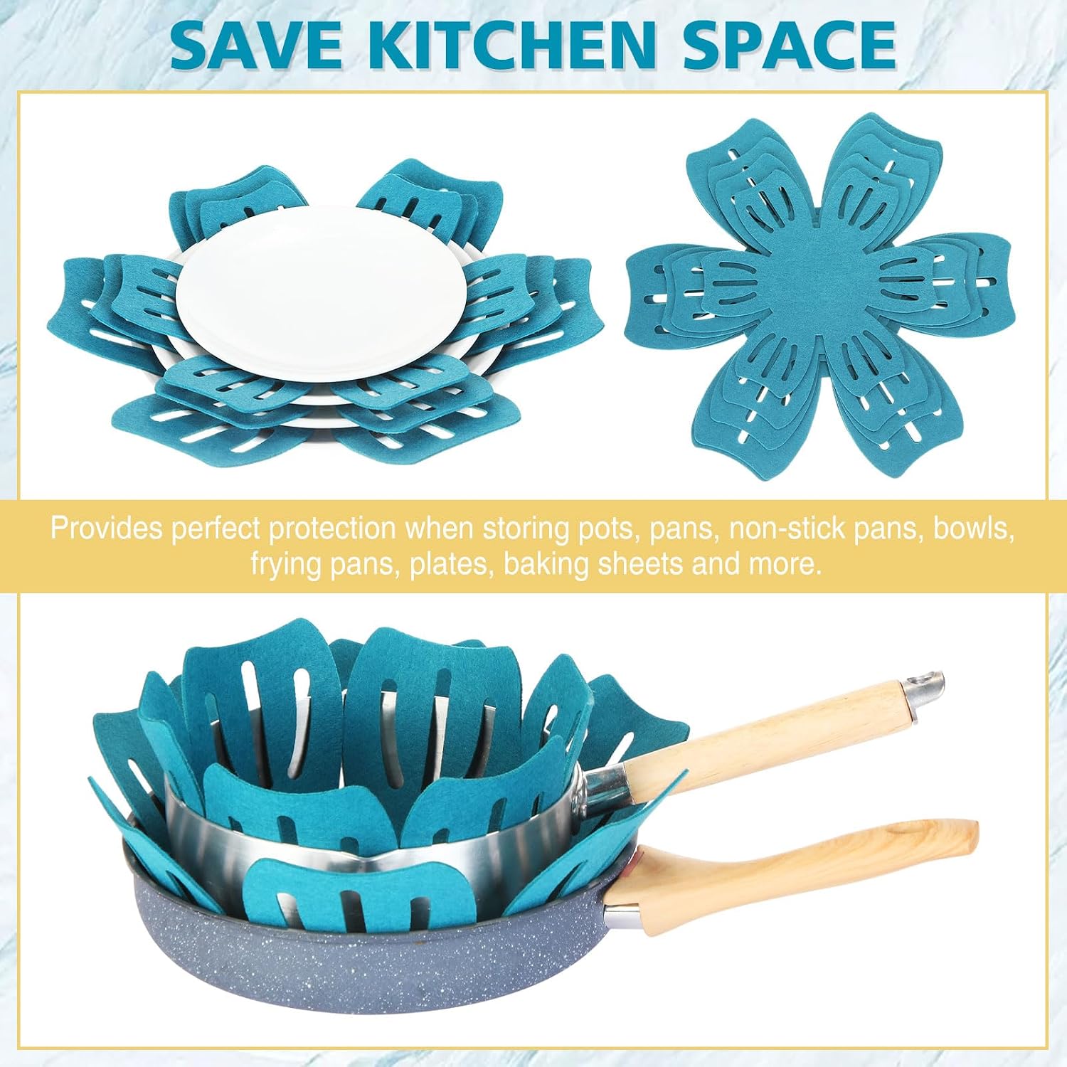 Nuogo 30 Pieces Pan Pot Protectors for Stacking 5 Different Size Max 16" Felt Pan Liners Protector Pad Anti Slip for Protecting and Dividers Stacking Separators(Teal)