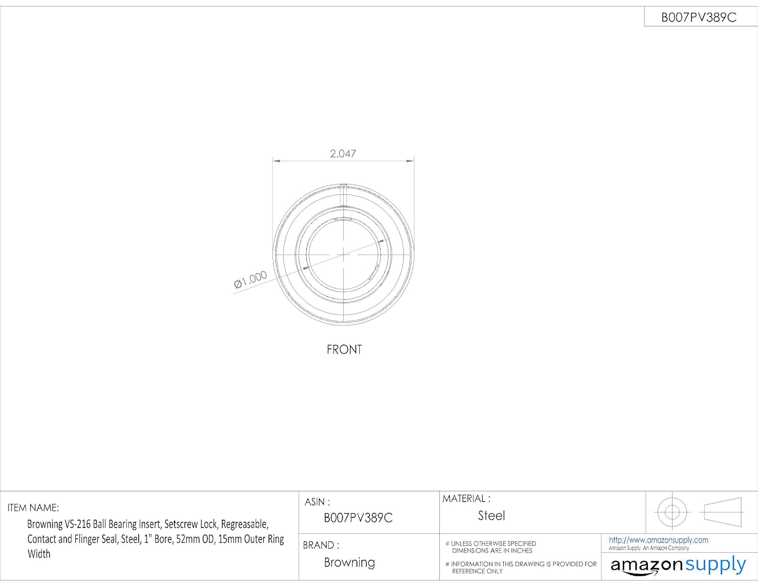 Browning VS-216 Ball Bearing Insert, Setscrew Lock, Regreasable, Contact and Flinger Seal, Steel, 1" Bore, 52mm OD, 15mm Outer Ring Width