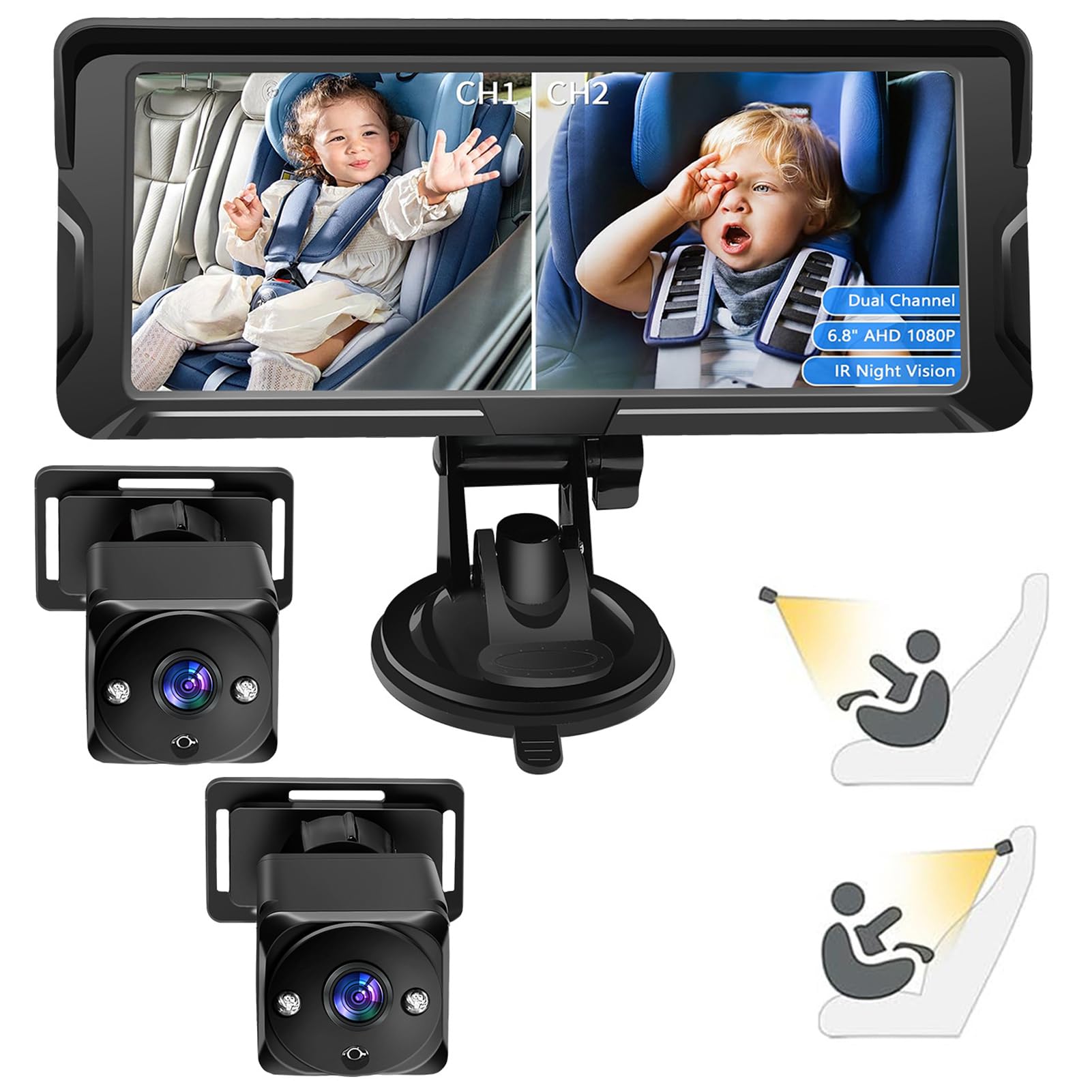 Shkalacar Cámara para Bebé para Coche con Canal Doble, 6,8 Pulgadas y 1080P, con 2 Cámaras de Visión Nocturna por Infrarrojos y ángulo de Visión Amplio de 150° para Asiento Orientado hacia Atrás