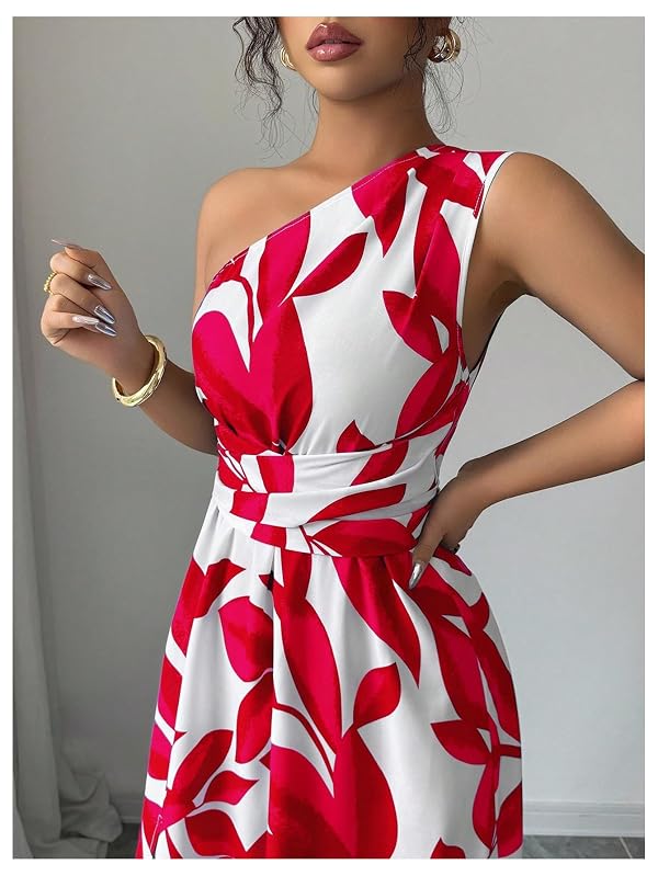 OYOANGLE Women's One Shoulder Slit Thigh Belted Dress Flared Long Dresses by OYOANGLE - Used condition - Image 2