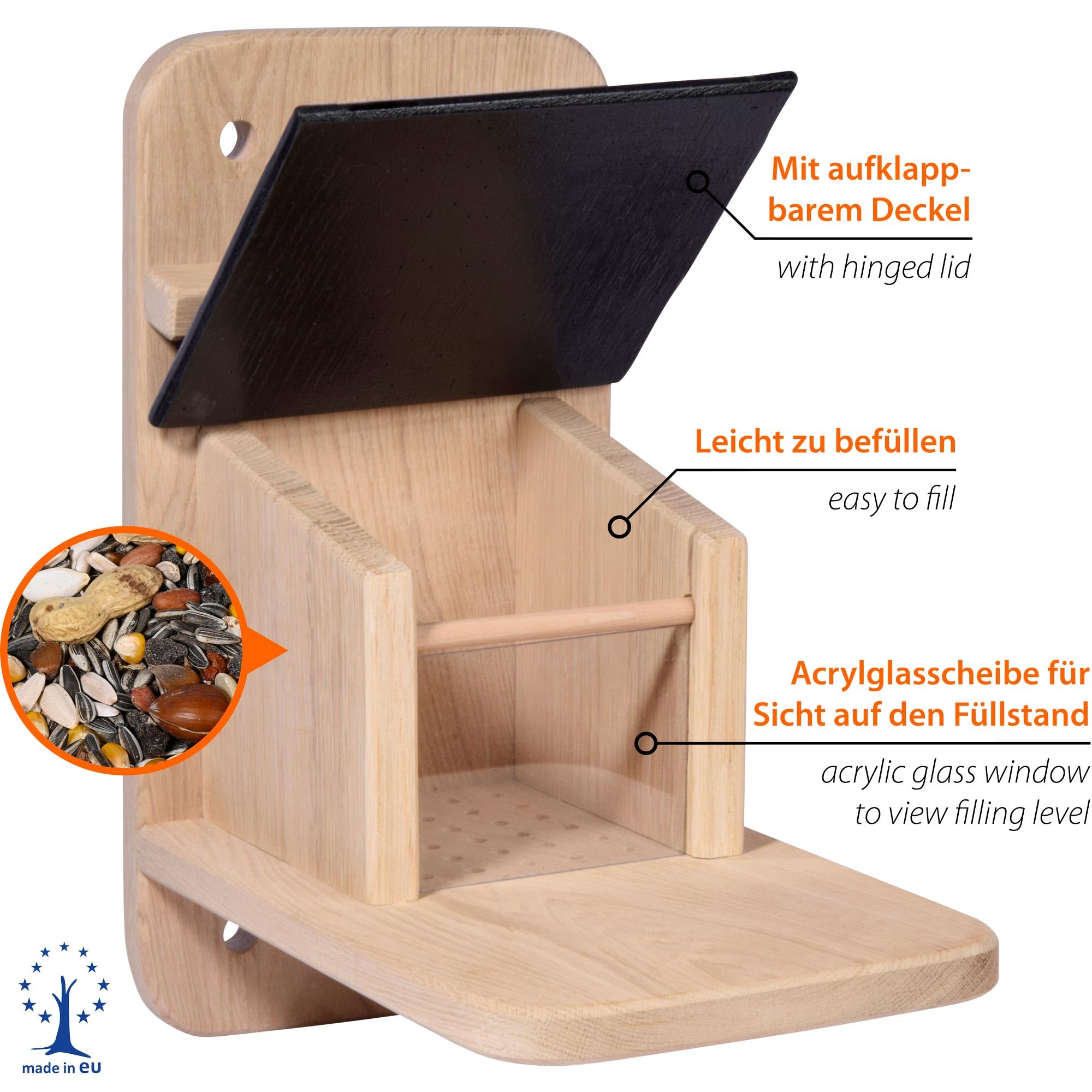 dobar® 22241e "Premium Eichhörnchenfutterstation Groß - Eichhörnchen Futterhaus Massivholz Eiche - Mit Schutzklappe - Futterstelle für Eichhörnchen Nüsse/Kerne/Früchte - 32 x20 x 38,5 cm - Schwarz