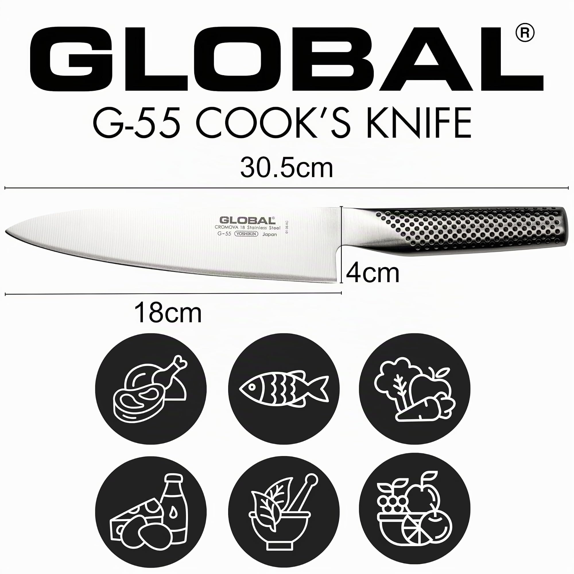 Global Knives G-55 - Coltello da cucina con lama da 18 cm, in acciaio INOX CROMOVA 18