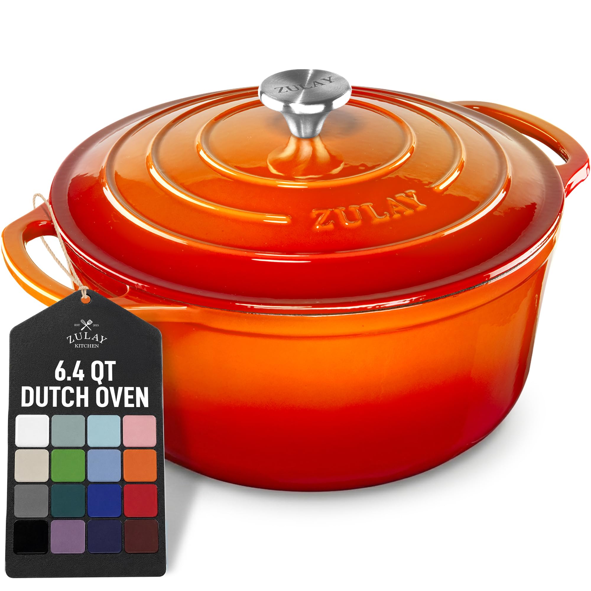 Zulay Kitchen 6 Quart Enameled Cast Iron Dutch Oven Pot with Lid – Premium Durability &amp; Oven Safe up to 500°F – Heavy Duty Cookware Perfect for Bread Baking, Stews, Braising &amp; Roasting – Orange