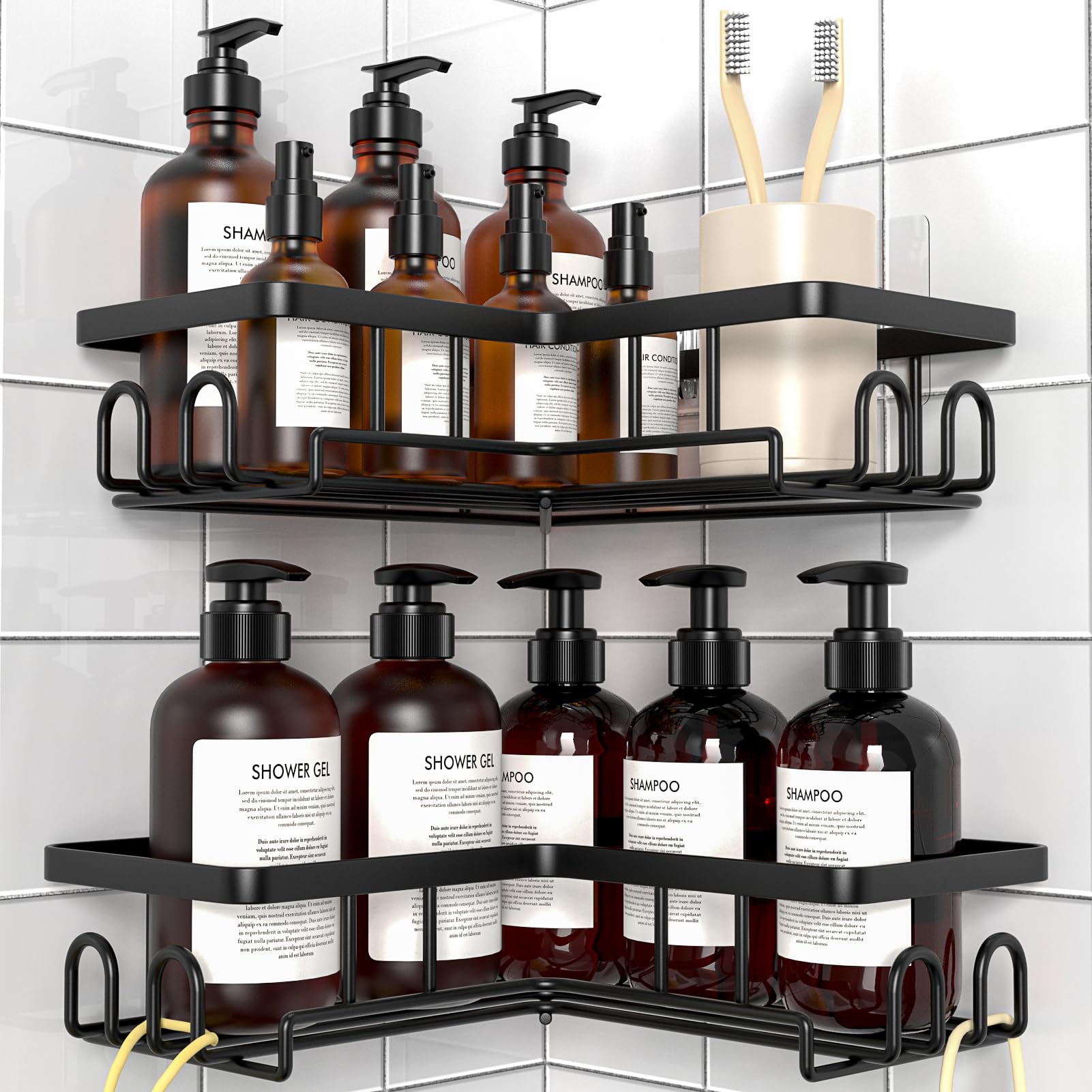 Diwoker Corner Shower Caddy, Adhesive Bathroom Storage, Rustproof Shower Shelf No Drilling, Bathroom Organizer (Black, 2-Pack)