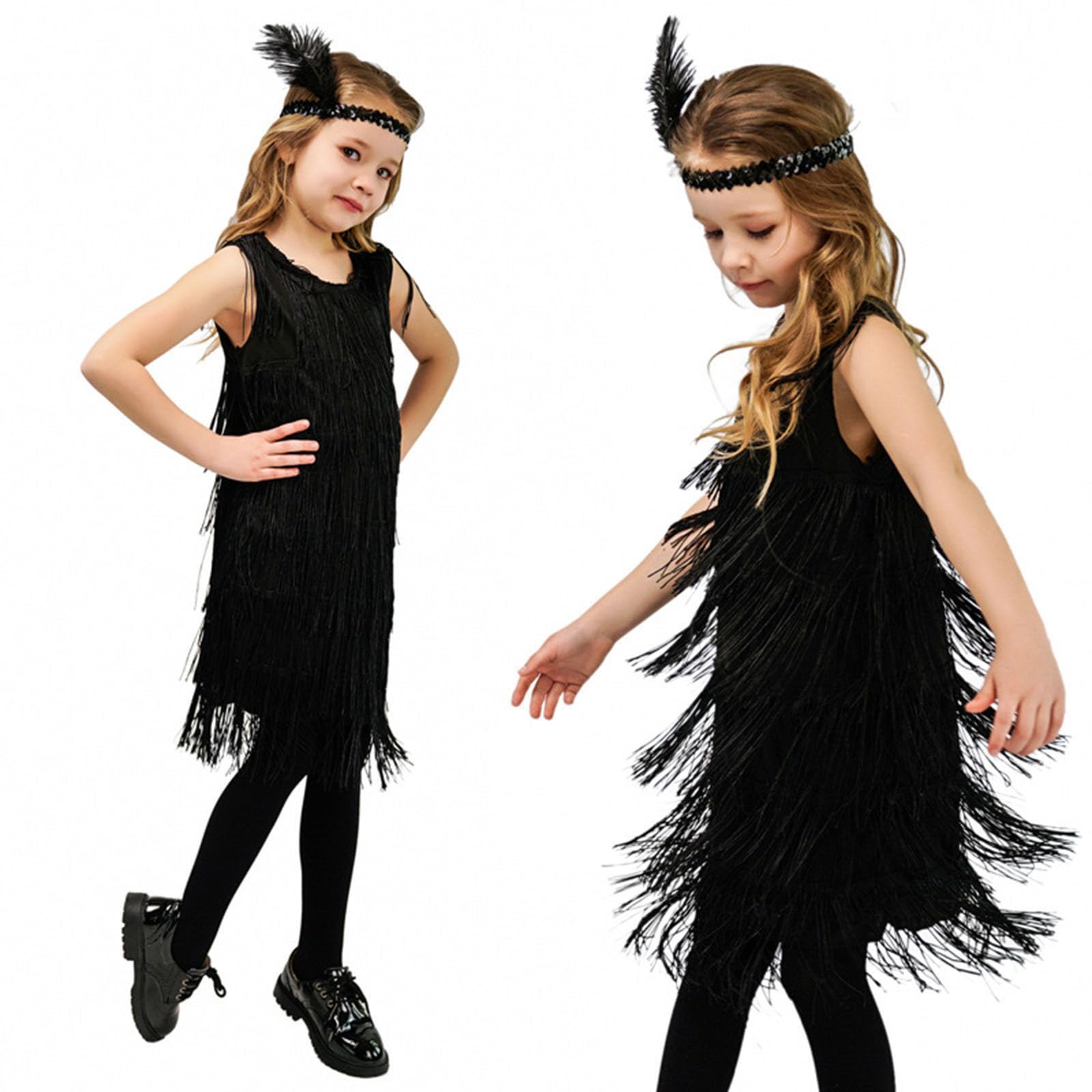 Fille Robe de Danse Latine Franges Robe Vinatage sans Manches Salsa Samba Rumba Tango avec Bandeau Cheveau Plumes pour Spectacle Performance 4-12 Ans