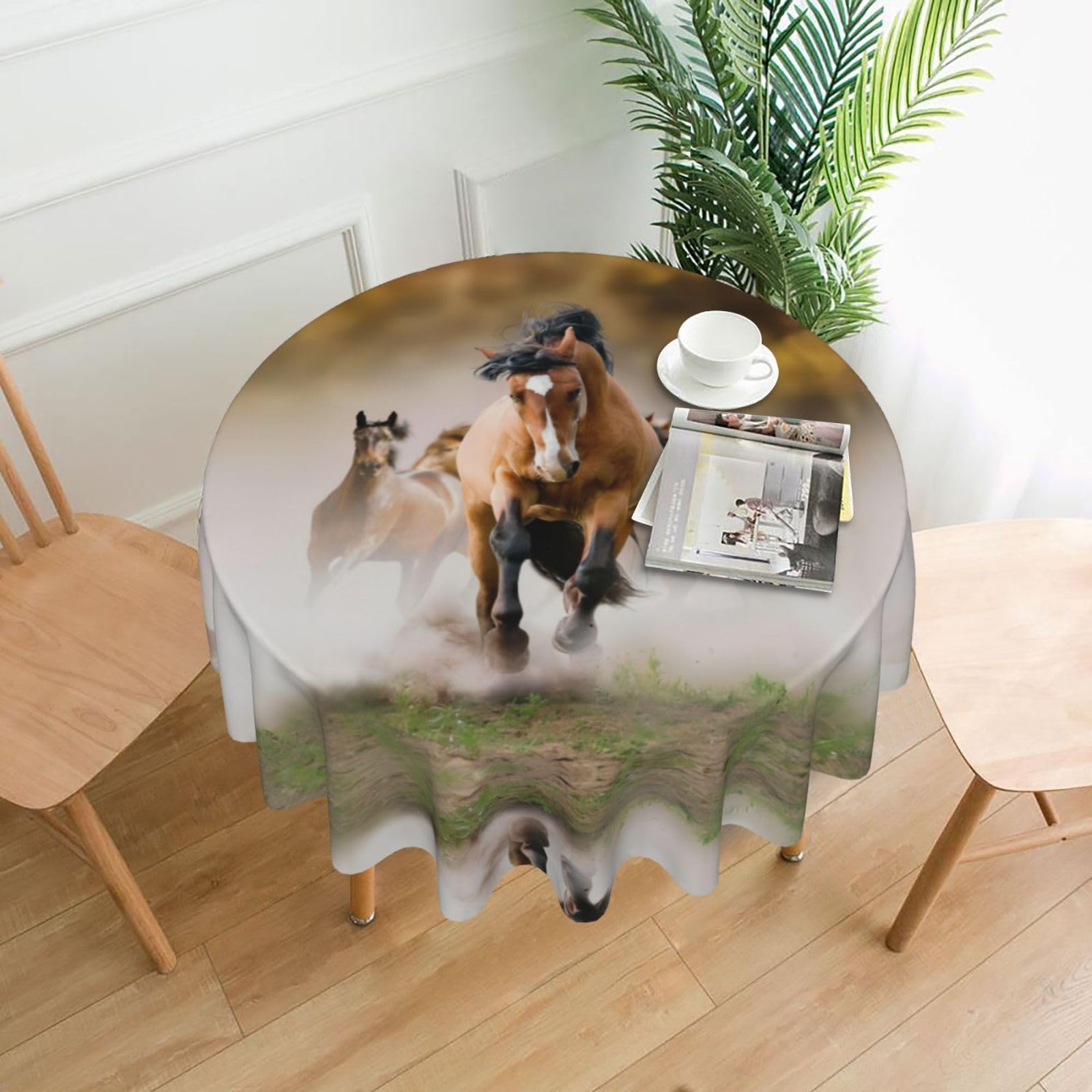 WHJSSF Horses Prints Round Decorative Table Throw 60 Inch – Waterproof Table Cover for Dining, Coffee Tables, and Outdoor Events
