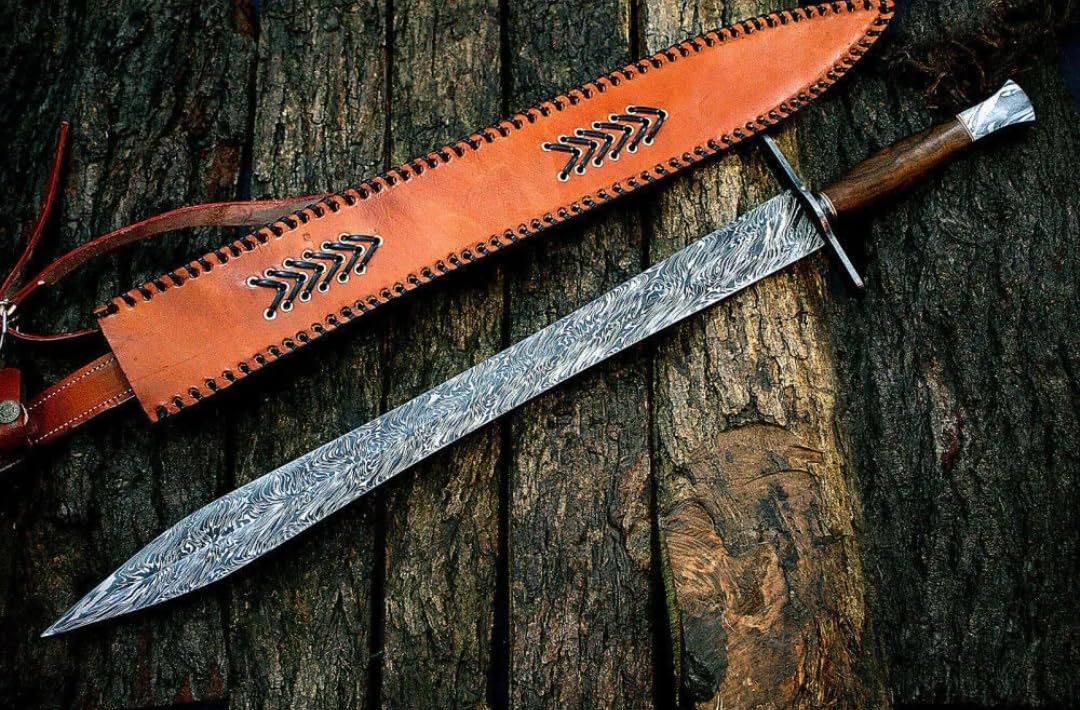 Empire - 30 Inch Long - Handmade Damascus Steel Double Edge Viking Sword with Sheath - Rose Wood Grip - Sharp Edges - Hand Forged Hunting Sword - Best Gift for Him