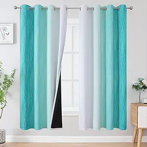 Estelar Textiler Grayish White and Teal Blackout Curtains for Living Room, Ombre Thermal Insulated Noise Reducing Blackout Drapes for Bedroom, Room Darkening Grommet Curtains, 52Wx72L, 2 Panels