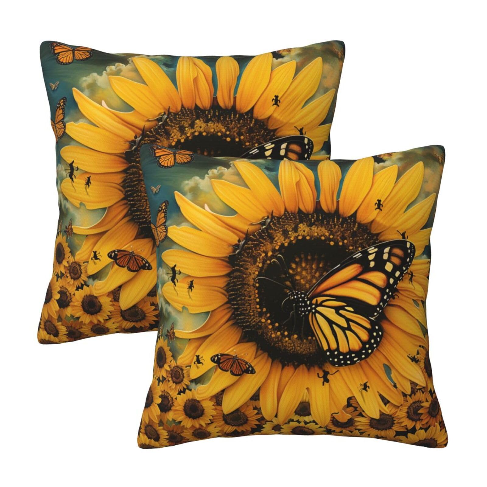 kkvhhyuo butterfly and sunflower Print Pillow Covers Set of 2, Square Decorative Cushion Covers with Hidden Zipper, Throw Pillow Cases for Living Room Sofa Bed Chair, 45x45 cm