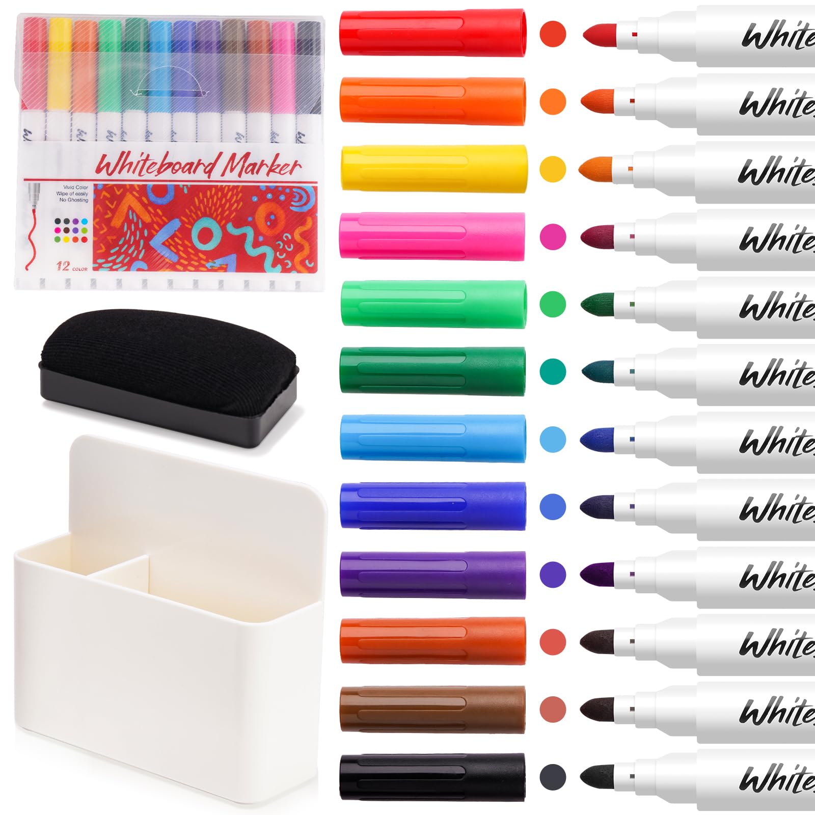 NiArt Whiteboard Magnetic Dry Erase Marker Holder Set 12 Colors Fine Markers Magnetic Whiteboard Dry Eraser for Office