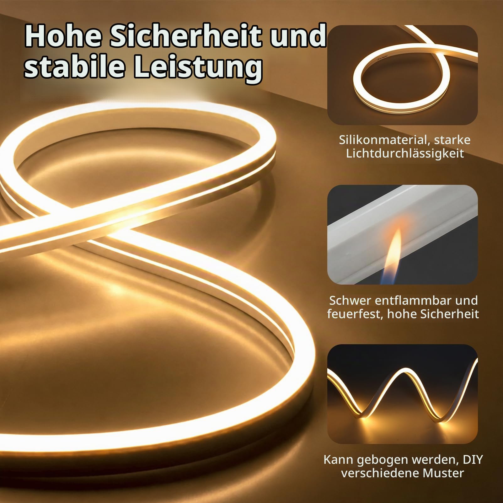 10m Silikon Neon LED Streifen Aussenbereich 230V Direktanschluss Wasserdicht Feuerfest IP65 Led Strip Warmweiss 3000K LEDs Schlauch Außen Flexibler Lichtband mit Netzteil für Küche, Outdoor