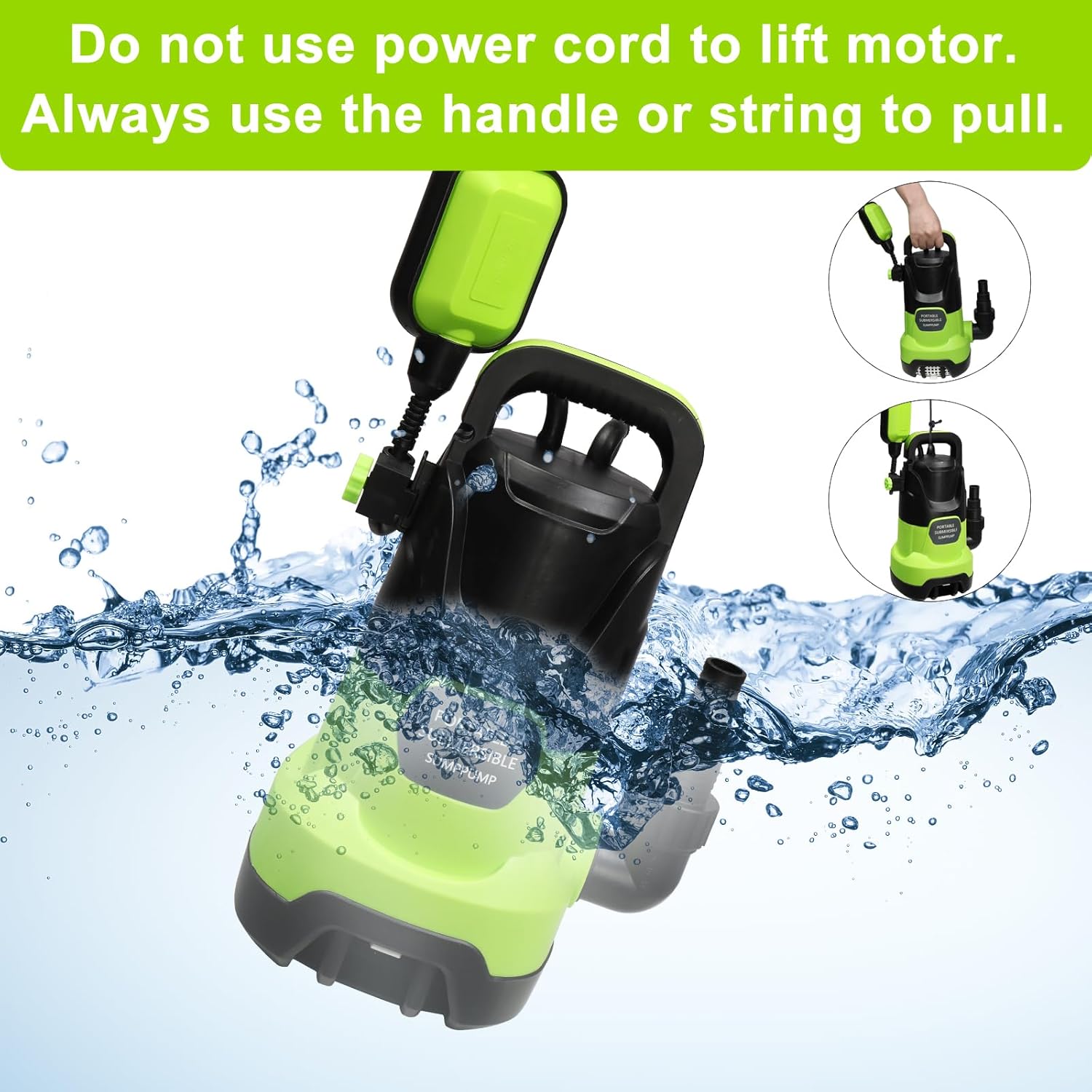 Winado Submersible Water Pump w/Auto Float Switch, 1HP 3600GPH Sump Pump, Clean Dirty Water Powerful Pump, 16 ft. Cord for Pool, Pond,Garden, Flooded Cellar, Aquarium & Irrigation (Green)