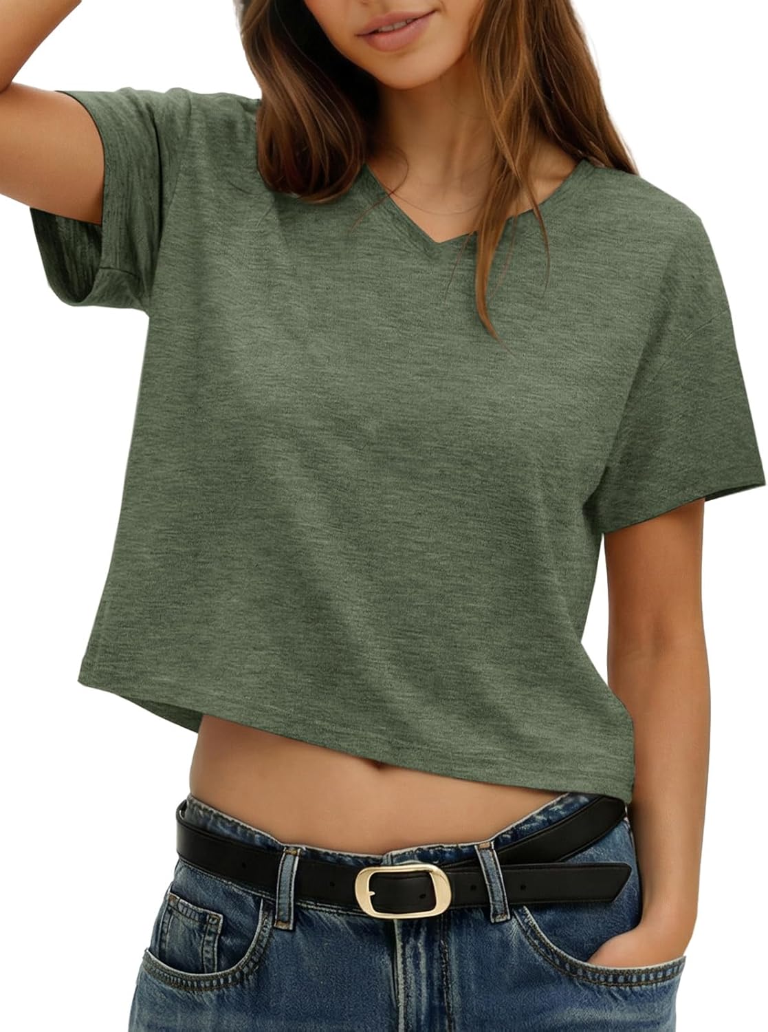UNCLECAT Women's V Neck Cropped T Shirts Summer Short Sleeve Crewneck Crop Tops Solid Basic Tees
