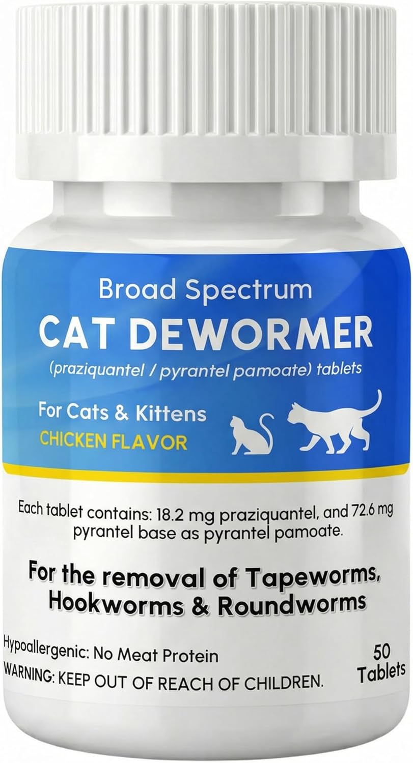 Dewormer for Cat and Kittens, Broad Spectrum Praziquantel & Pyrantel Pamoate Tablet, Removal of Tapeworms, Hookworms & Roundworms, Effective and Fast (50 Tablets)