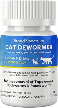 Dewormer for Cat and Kittens, Broad Spectrum Praziquantel & Pyrantel Pamoate Tablet, Removal of Tapeworms, Hookworms & Roundworms, Effective and Fast 50 Tablets