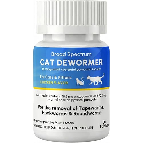 Dewormer for Cat and Kittens, Broad Spectrum Praziquantel & Pyrantel Pamoate Tablet, Removal of Tapeworms, Hookworms & Roundworms, Effective and Fast (50 Tablets)