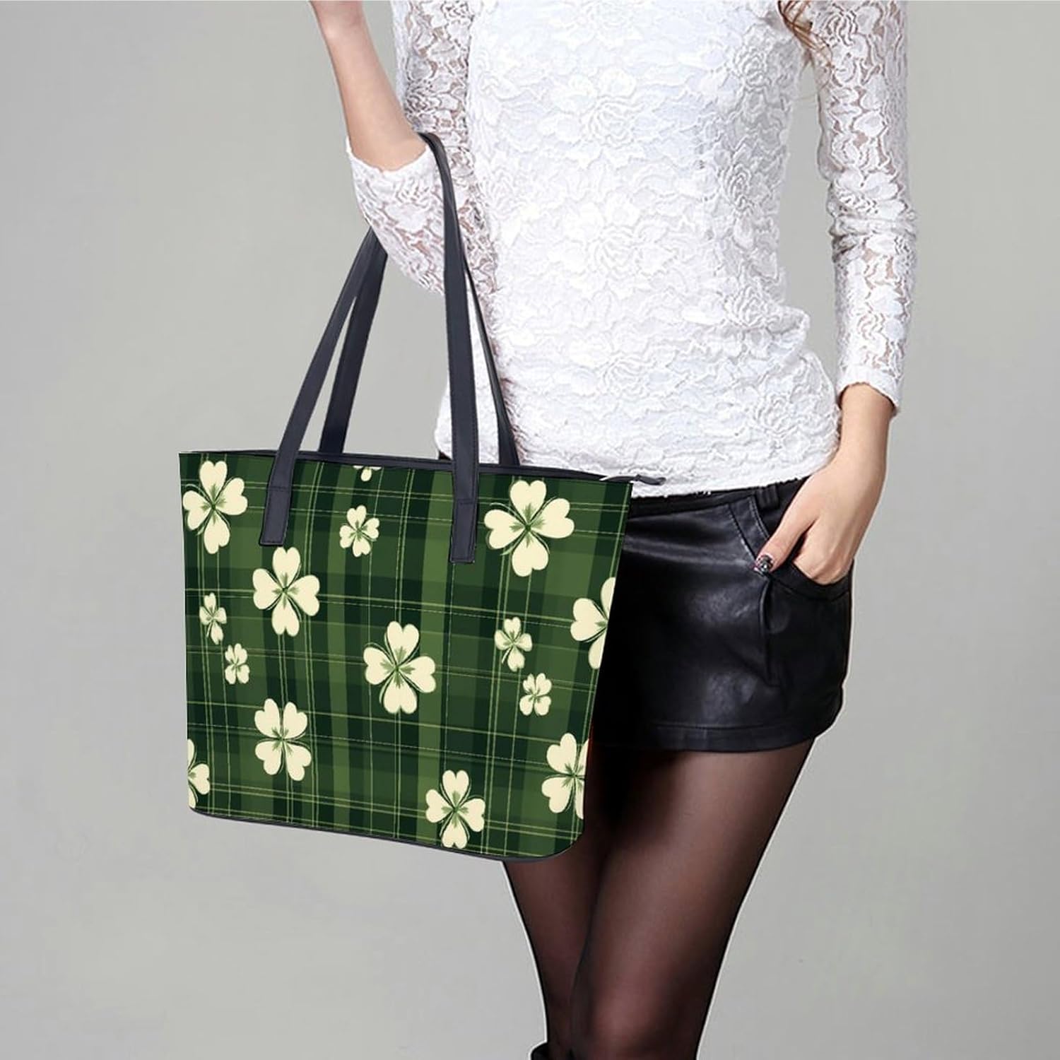 Green Plaid Checkered Shamrocks Women's Satchel Handbags Tote Shoulder Bag Purses for Travel Shopping Work
