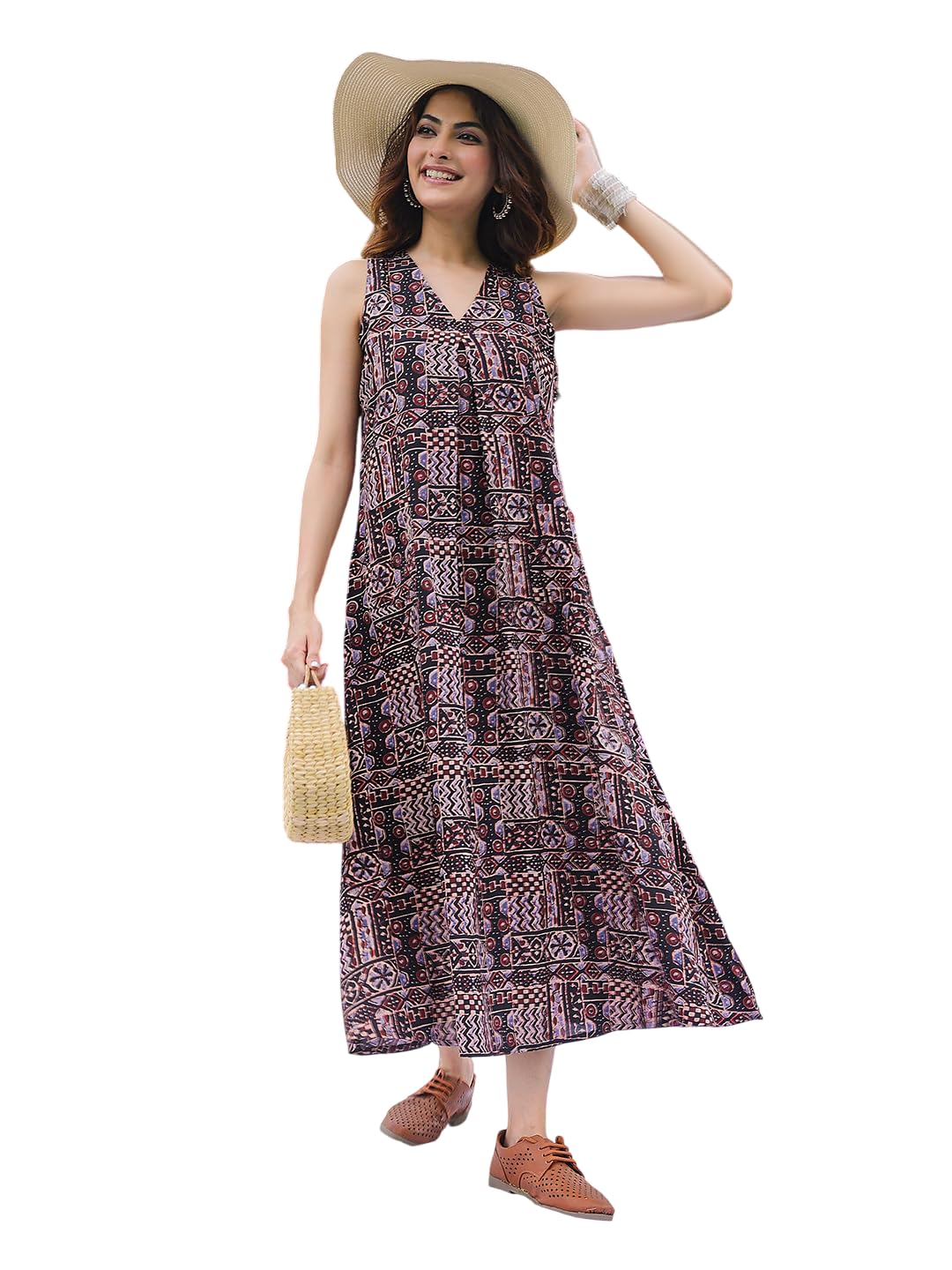gulmohar jaipur Women's Rayon Calf Length Printed V-Neck Flared Dress-picture-39