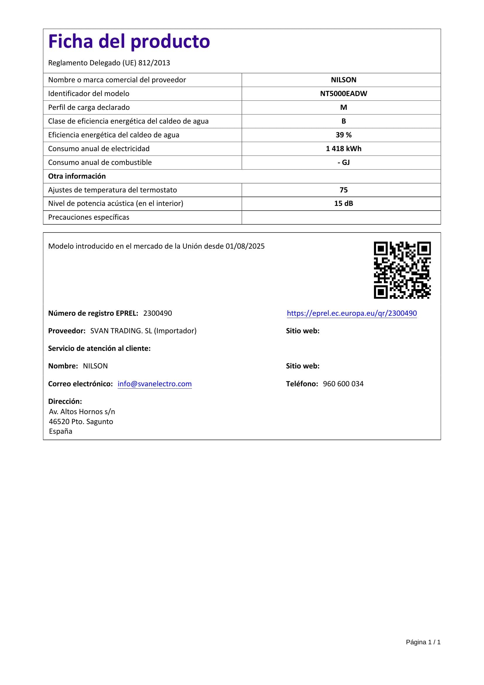 Nilson Termo Eléctrico Vertical 50 Litros NT5000EADW. Display LED, Instalación Vertical, 1500W, Incluye Kit de Montaje, Resistencia de Acero inoxidable, Blanco, Eficiencia Energética Clase B
