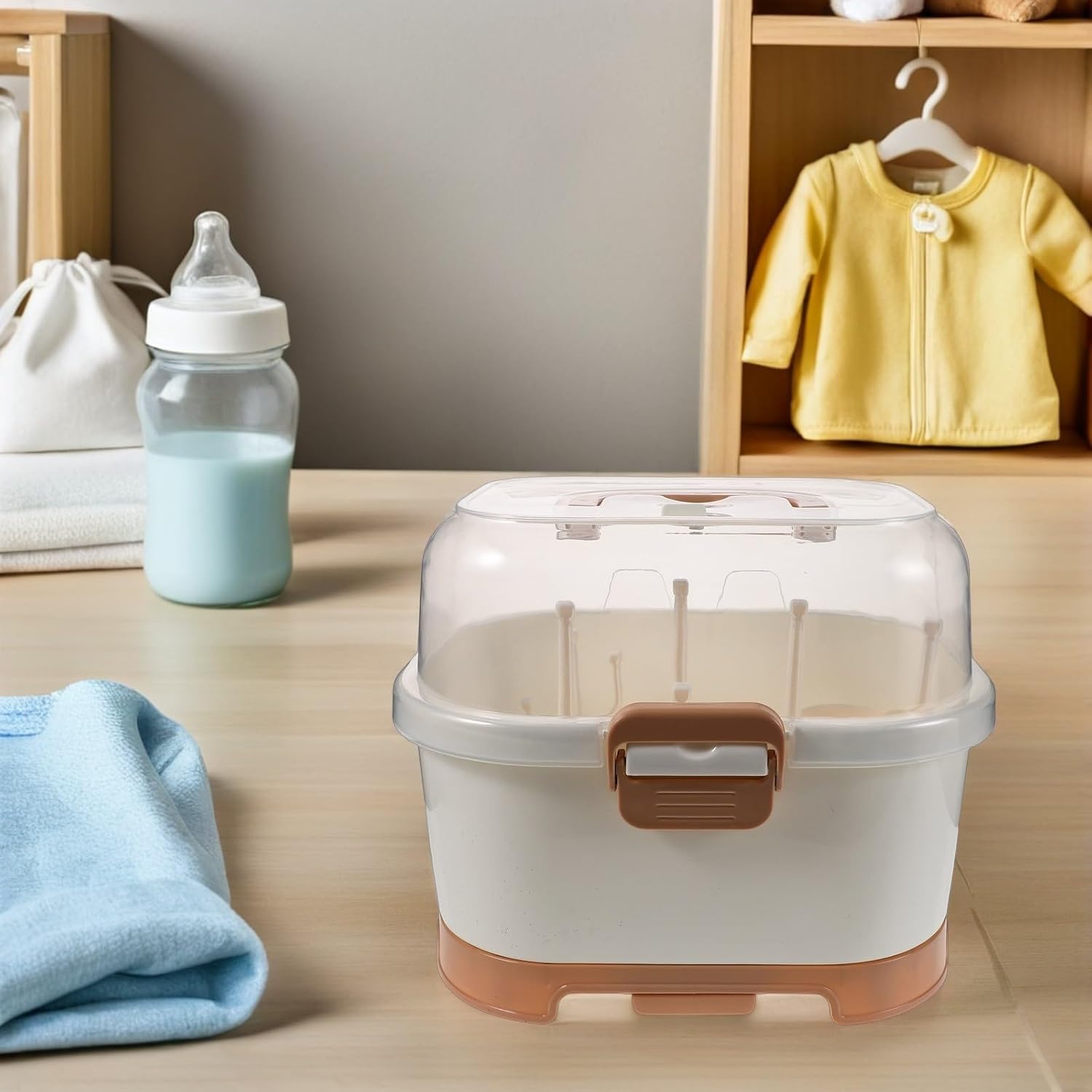 Large Bottle Storage Organizer Box with Seal and Vertical Storage Design Portable Plastic Nursing Bottle Drying Rack for Countertop and Kitchen Cabinet
