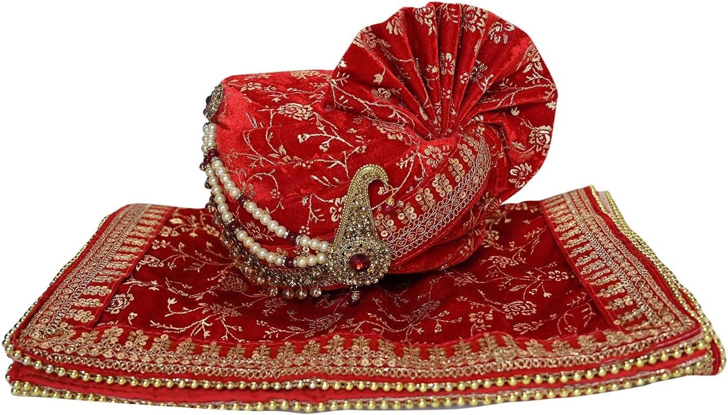 Men's Red Velvet Turban Kalangi Safa - Traditional Wedding Turban