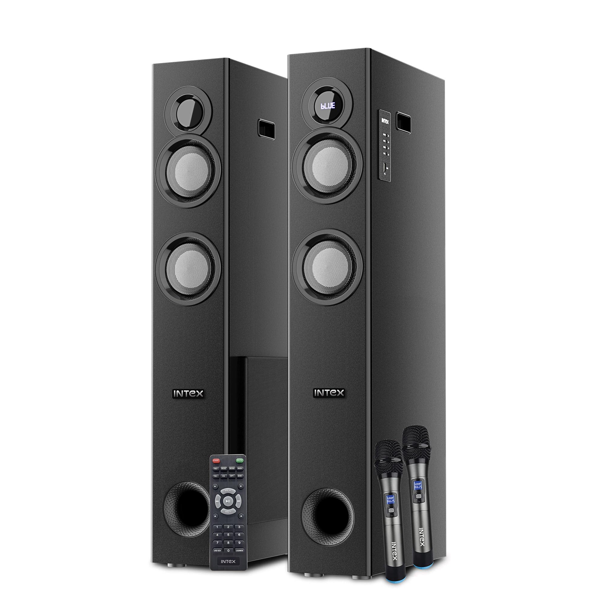 Intex 1500-D Multimedia 150 Watt Bluetooth Tower Speaker | 2 Cordless Karaoke Mic & Party Speaker | LED Display & Triple Bass Boosted Drivers | Fully Remote Control (Black)