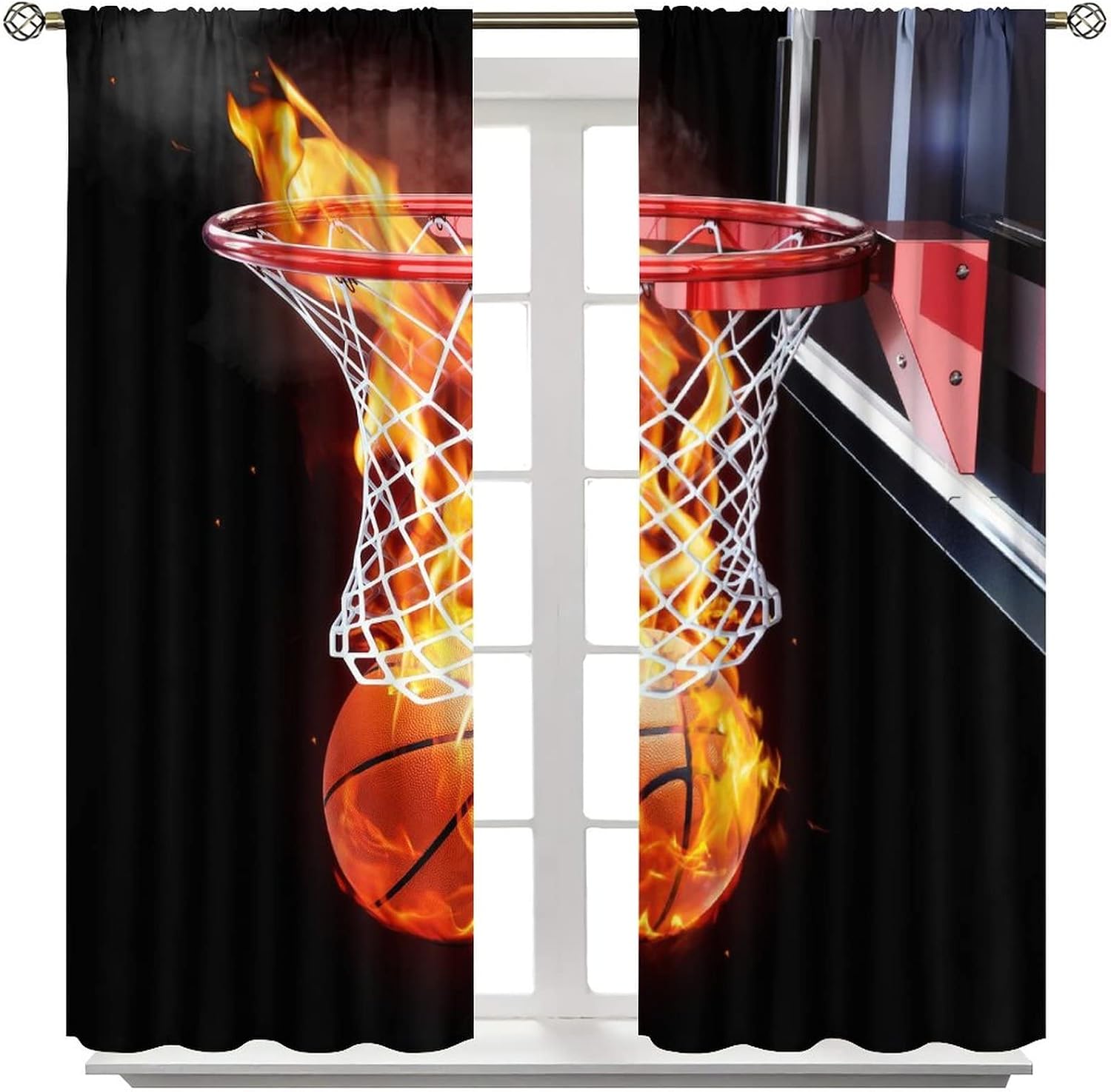 Basketball Curtains,3D Ball Flame Boys Sports Theme Room Darkening Door Window Rod Pocket Curtain for Living Room Kid Teen Men Bedroom W72xL63in