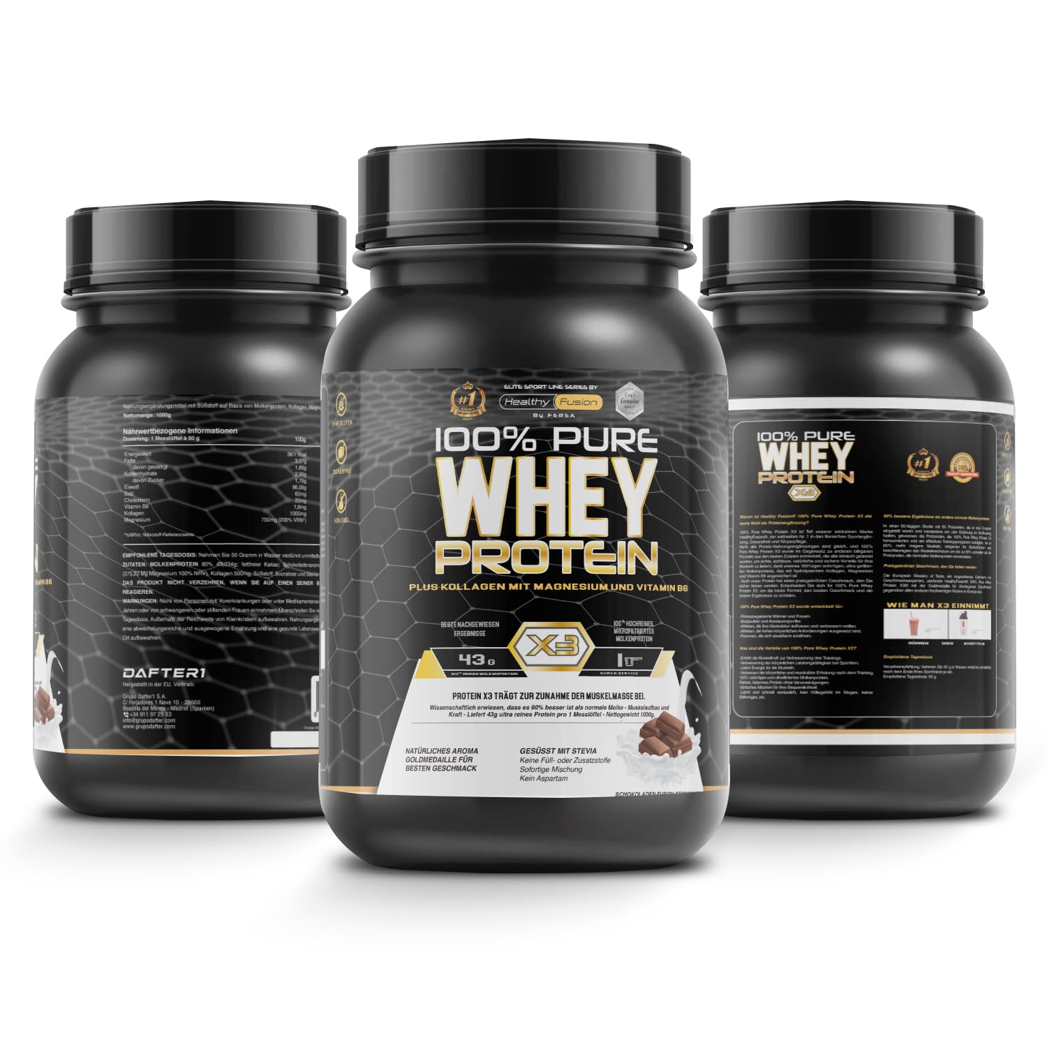 Healthy Fusion Whey Protein | 100% reines Whey Protein mit Kollagen, Magnesium & Vitamin B6 | 43 g Protein + 9,4 g BCAA pro Portion | Für Muskelaufbau, schnellere Regeneration | Schokolade | 1 kg