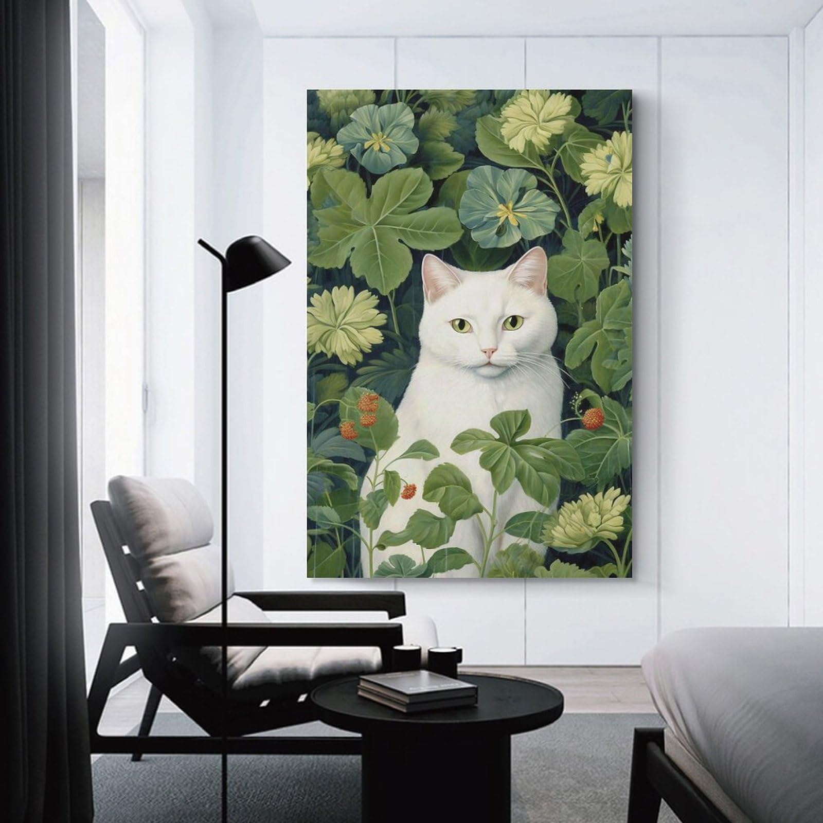 Junmoney White Cat Among Greenery Room Decor Wall Art, 12x18inch(30x45cm), for Living Room, Lounge Or Sitting Room, A Home Accent with Warm Character