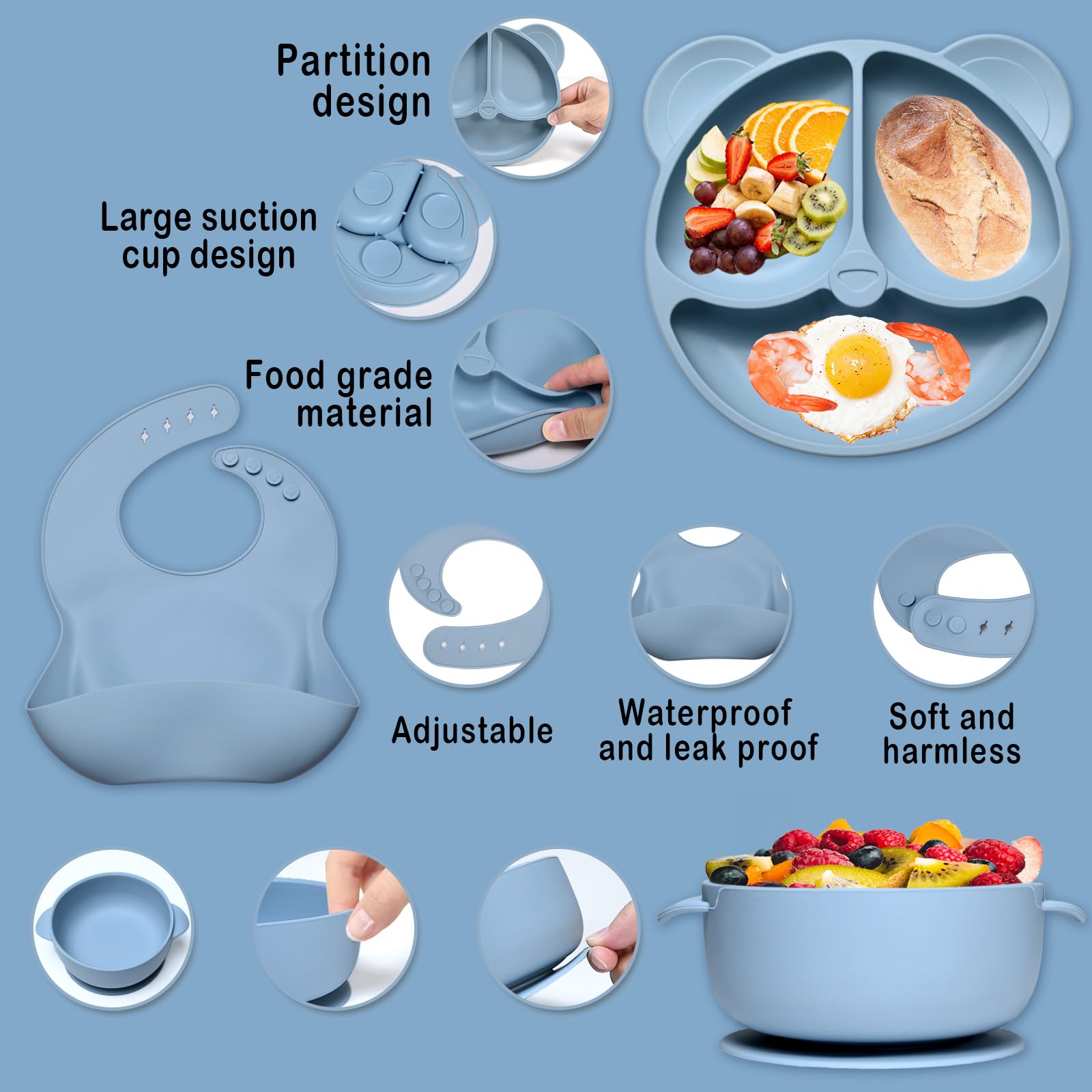 10 Pezzi Set Pappa Svezzamento, Svezzamento Set Silicone Piatto con Ventosa Ciotola Cucchiaio Forchetta Tazza Bavaglino, Training Esercitarsi A Mangiare Da Soli, Set Pappa Svezzamento(Blu)