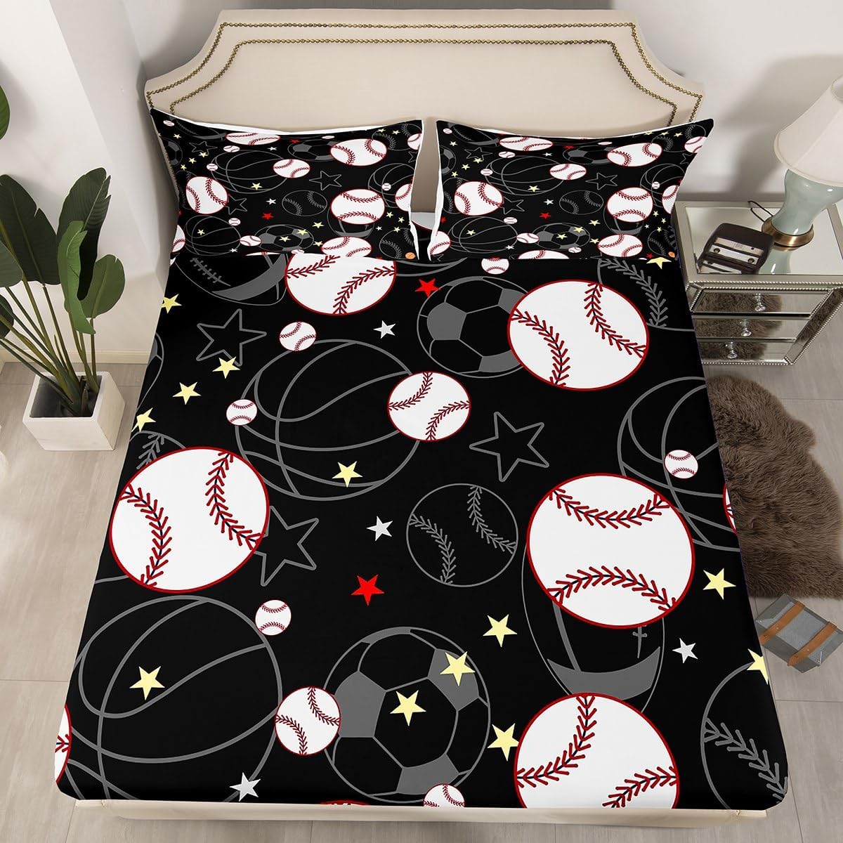Baseball Bed Sheets Set Twin Size Kid Ball Sports Game Fitted Sheet with Deep Pocket Boys Teens Star Print Bedding Set Breathable Gift for Baseball Lover Bedroom Decor Bedclothes