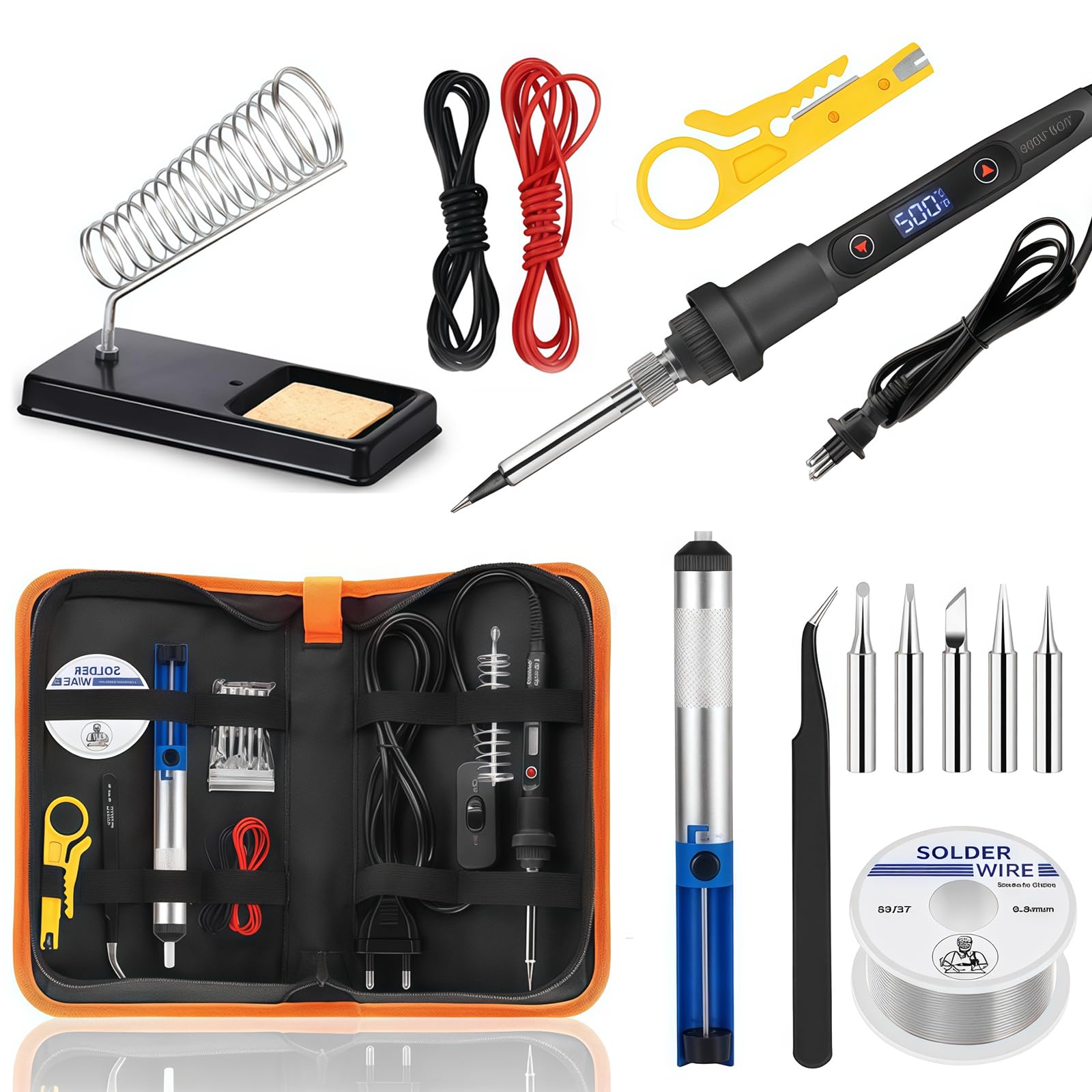 Saldatore a Stagno Kit 80W LCD Temperatura Regolabile 180-500°C 15 in1