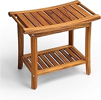 GreenTeak 22" 2-Tier Teak Shower Bench - Waterproof Non-Slip Stool, 300 lbs Capacity, Storage Shelf for Safe Bathroom Seating