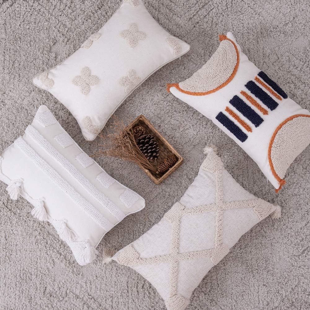 MIULEE Tufted Boho Throw Pillow Cover Decorative Morocco Tribal Handmade Pillowcase Woven Accent Cushion Case for Sofa Couch Bedroom 12x20 Inch, Orange