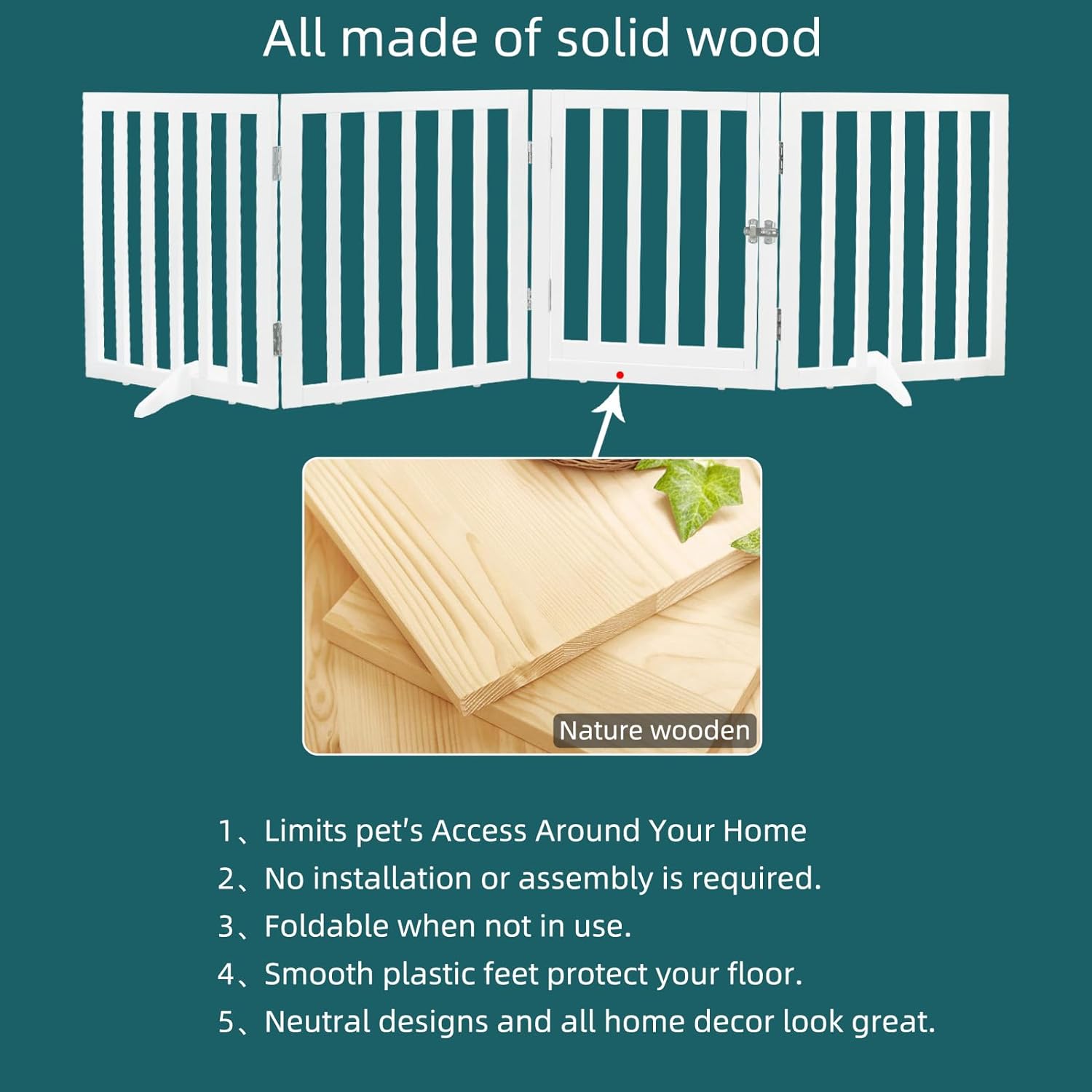 ZJSF Foldable Indoor Dog Gate for House Freestanding Dog Gates with Door Walk Through Wooden Extra Wide White Indoor Puppy Gate 4 Panels Tall Pet Gate Dog Fence 24''H, 【with Door】white
