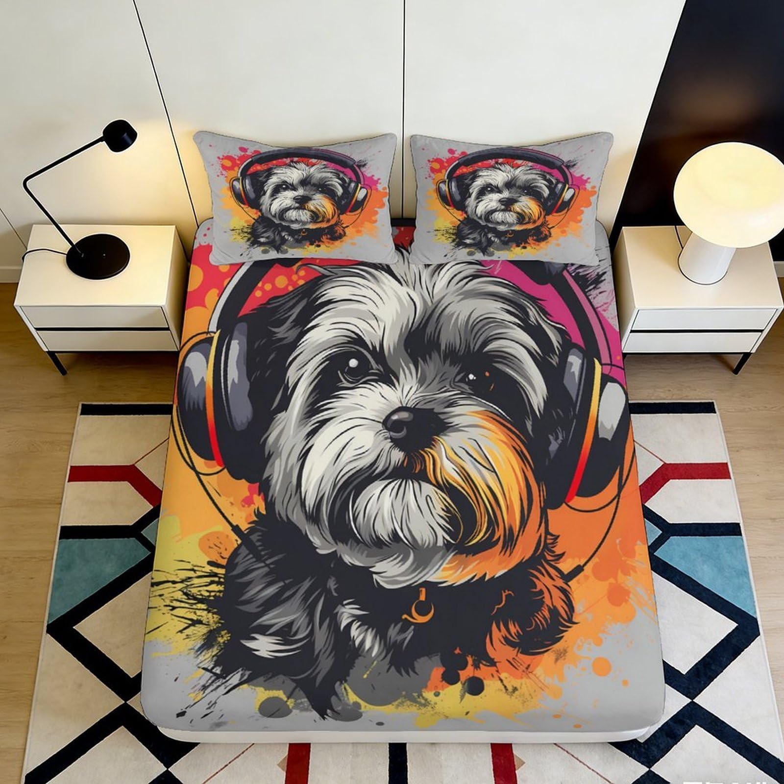 3D Printed Headphone Dog Fitted Sheet Microfiber Soft Cartoon Animal Bed Cover for Bedroom Guest Room Easy Care 90x200x25cm