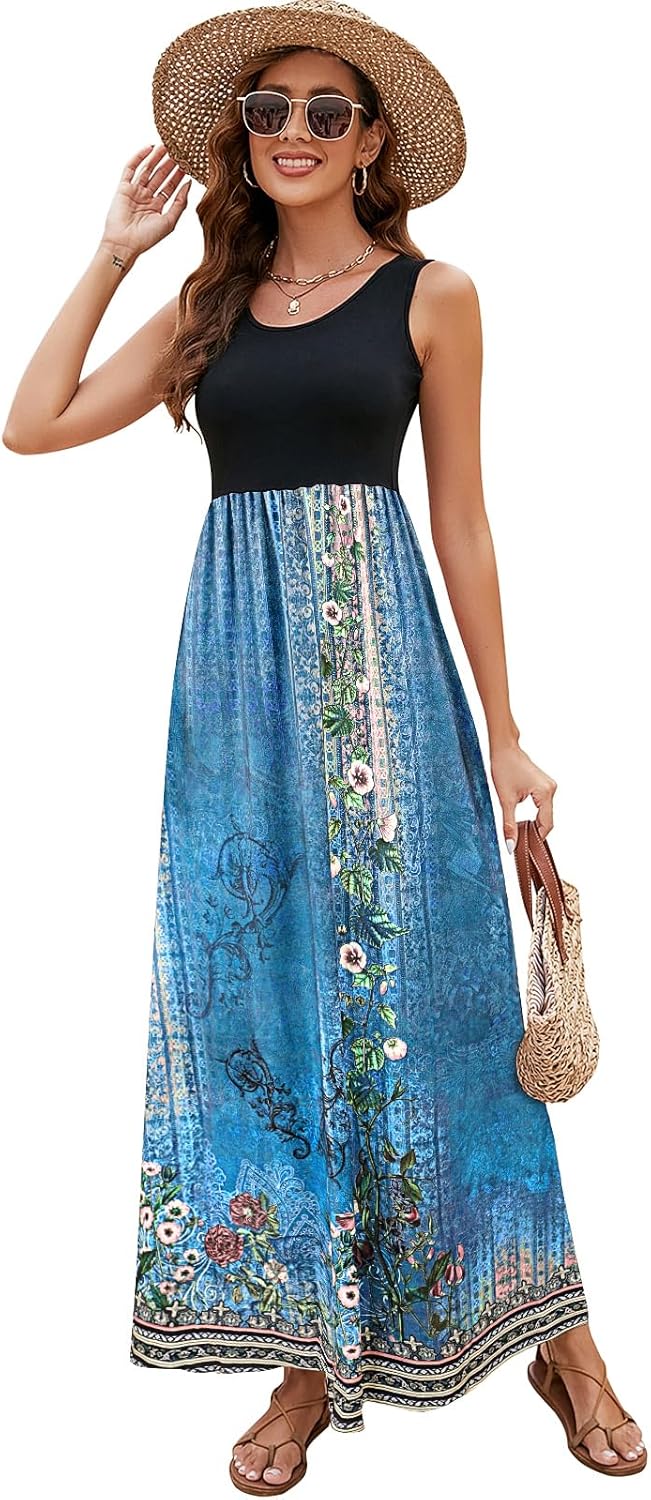 Sherosa Women's Summer Sleeveless Boho Floral Maxi Dresses Chevron Striped Casual Tank Flowy Long Sundress Beach Vacation - Image 4