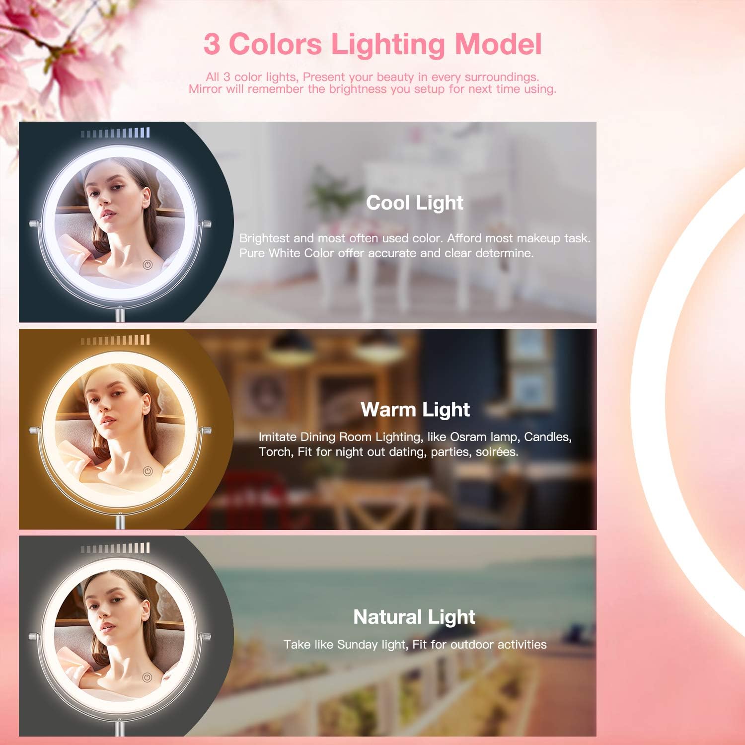 KDKD Lighted Makeup Mirror 7X Magnifying Swivel Vanity Mirror with 72 Bright Medical LED Lights 3 Color Modes, 8 Inch Round Tabletop Standing Polished Chrome Finished Cosmetic Mirror Rechargeable.