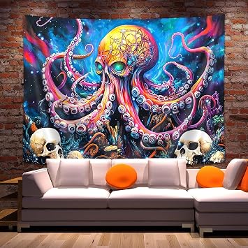 Hajmsug Blacklight Skull Squidward Tapestry Trippy Skeleton UV Reactive Galaxy Nebula Tapestry Glow in the Dark Tapestry Room Cool Men Wall Tapestry 60X40 Inch
