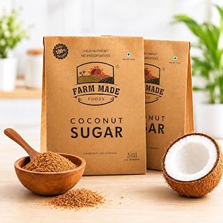 Farm Made Foods Coconut Sugar 500g (250gx2) - Pure & Natural Coconut Palm Sugar, Unrefined & Unprocessed Natural Sweetener, Subtle Caramel Flavour, Sugar Alternative for Tea, Coffee, Baking & Cooking