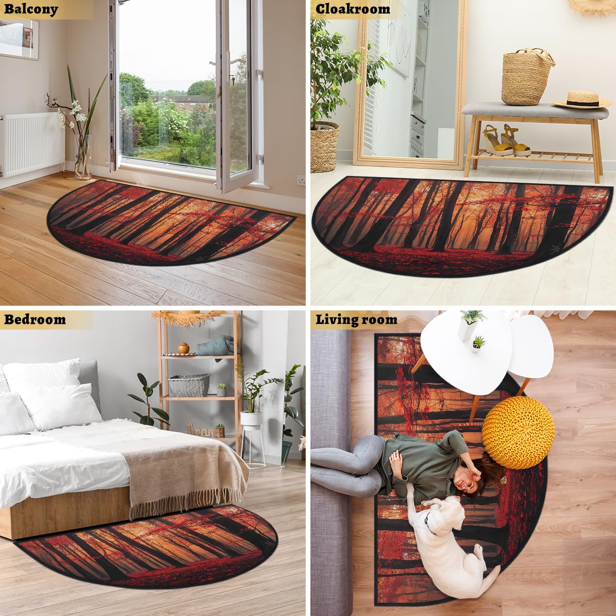 Mexpekil Paillasson demi-lune d'automne en forme de forêt rouge pour intérieur et extérieur, antidérapant, lavable, absorbant, anti-saleté, 100 x 160 cm