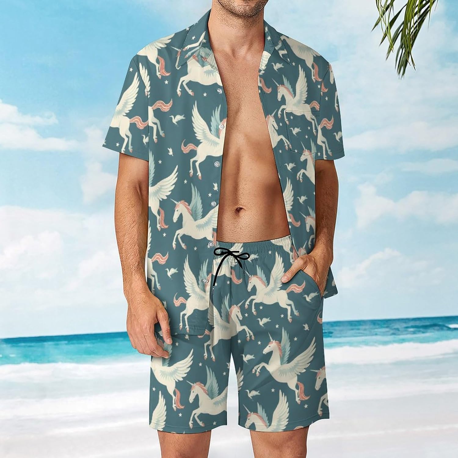 Flying Horse Men's Summer Beach Outfits Shirt And Shorts Set 2 Piece Vacation Swimwear