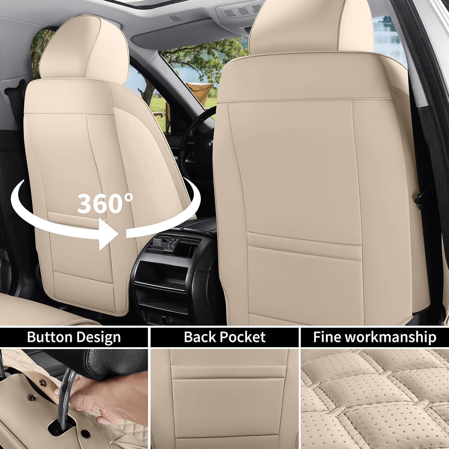 Car Seat Covers, Luxury Faux Leather Waterproof Non-Slip Seat Protector Universal Fit for Most Cars SUVs Trucks Pick-ups,Car Interior Accessories (Beige, Full Set)