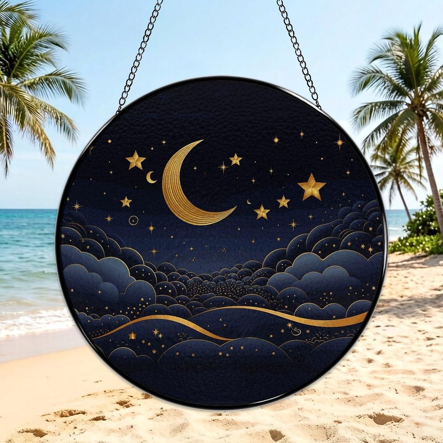 Stained Glass Window Hanging 30x30cm Window Suncatcher Glass Panel with Metal Chain There are Stars and Moon on ItSun Catchers Wall Art Home Decor Gift for Women Mother's Day